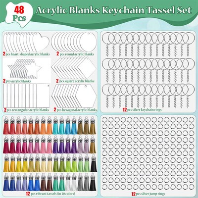 48PCS Clear Acrylic Keychain Blanks 6 Shapes Acrylic Blanks