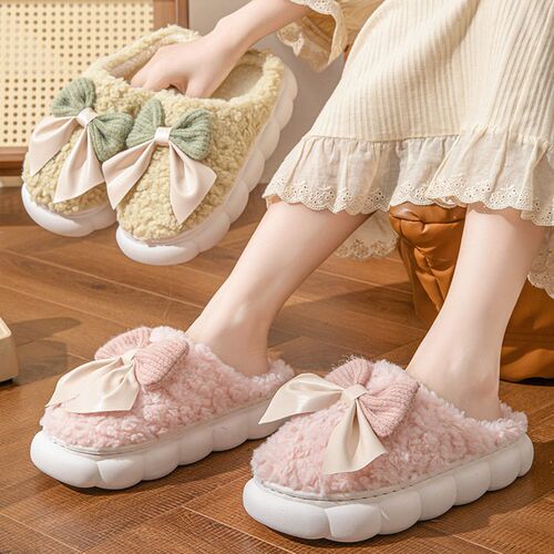 Bow Tied Shit Feel Cotton Slippers For Women In Autumn And W