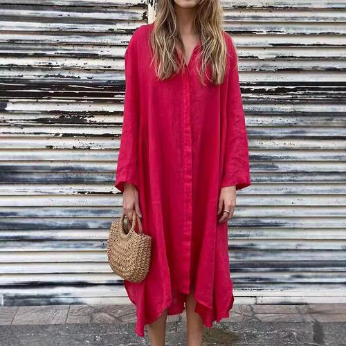 2025 Womens Loose Solid lor tton Linen Long Dress Fashion C