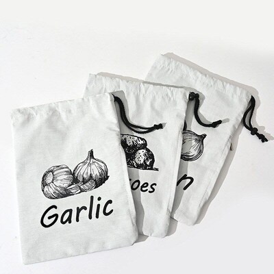 3 Pack Canvas Vegetable Storage Bags - Reusable Drawstring O