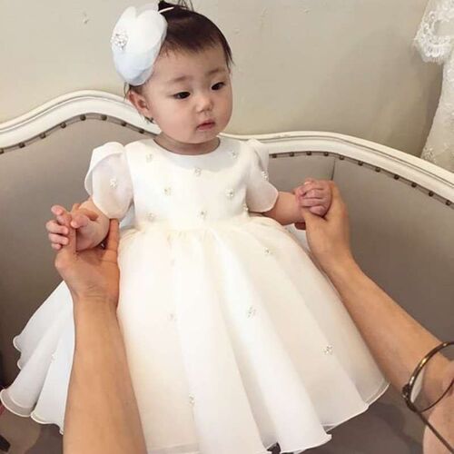 Childrens Dress One Year Old Baby Dress White Round Neck Sw