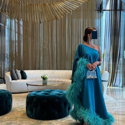 Xijun Dubai Green Feathers Satin Evening Dresses One Shoulde