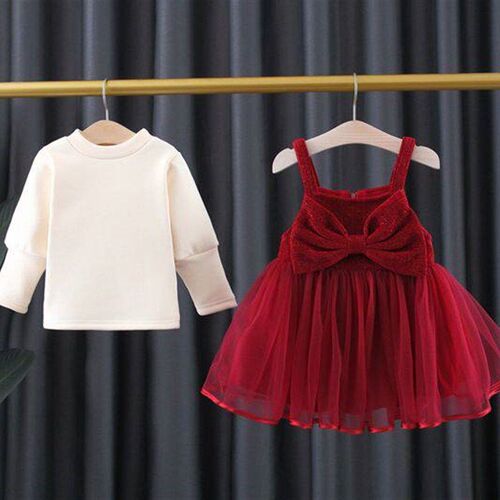 3534 Girls Puff Sleeve Fleece-lined Two-piece Dress Autumn