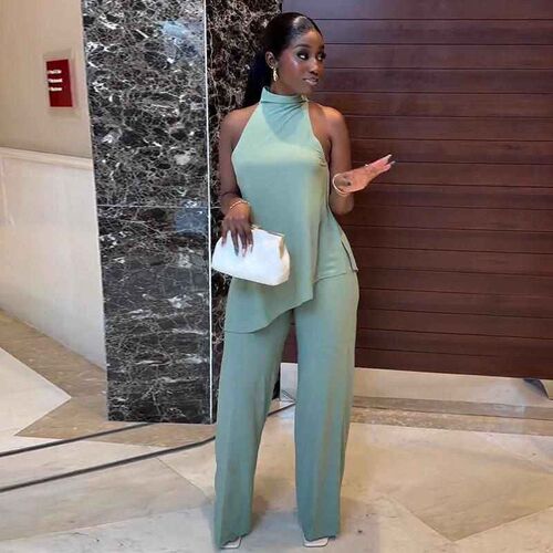 Womens off shoulder sleeveless tank top, wide leg pants set