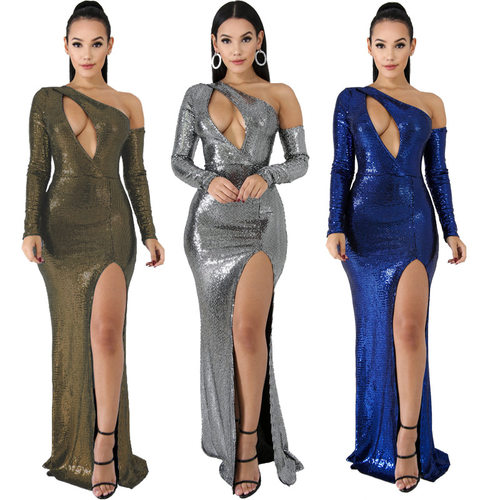 Dress womens dress shoulder high bounce Sequin open fork ni