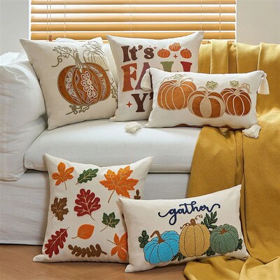 Halloween Tufted Throw Pillow Cover Thanksgiving Maple Pumpk