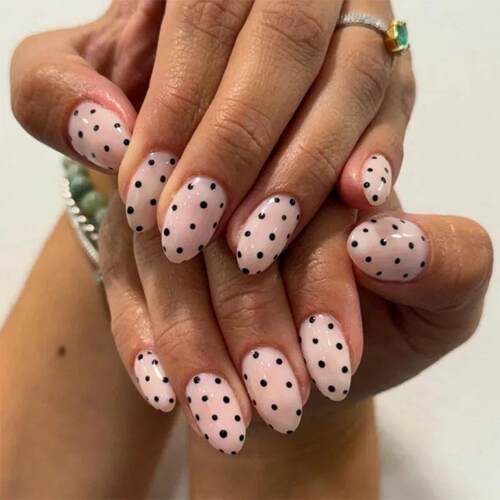 24Pcs Short Round Head Press on Fake Nails with Black Dot De
