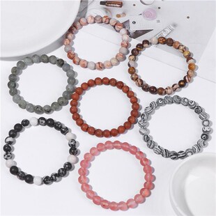 Natural Opal 8mm White Handmade Matte Bracelet Black Stone