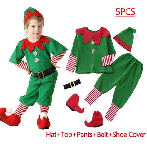 New Year Kids Santa Claus Costume Green Elf Cosplay Christma