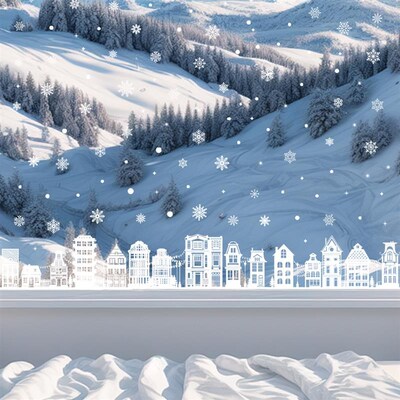 Winter Xmas Clings: White City Silhouette Glass Door