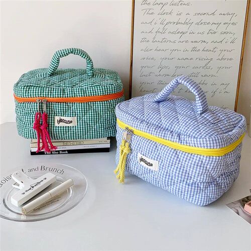 Plaid Cosmetic Bag Set Simple Style Large Capacity Portable