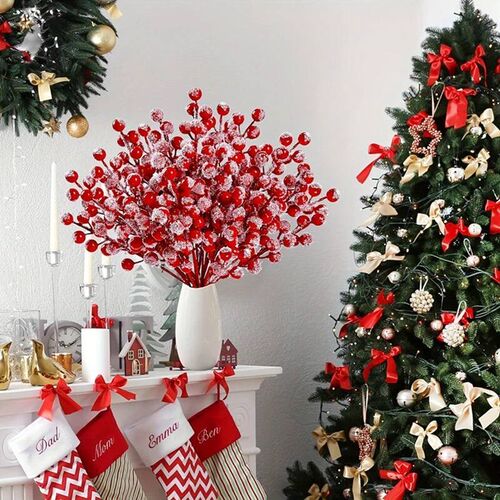 5/10Pcs Chritsmas Decoration Snowflake Red Berry Branche Chr