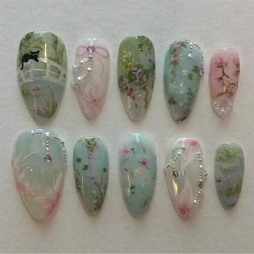 24Pcs Pink Almond French Press on Nails With 3D Bow ripple c