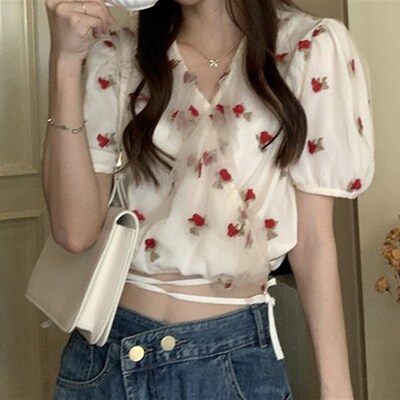 Summer New Design Sense Rose Embroidered Chiffon Blouse Wome