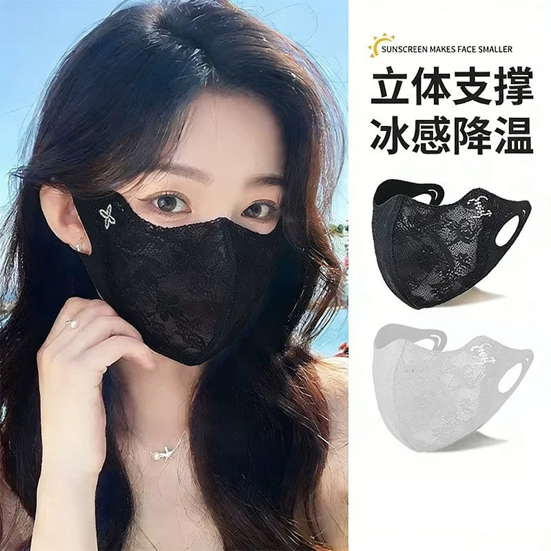 蕾丝防晒口罩女户外防晒面罩夏季高颜值护眼角冰丝薄款遮阳面纱罩
