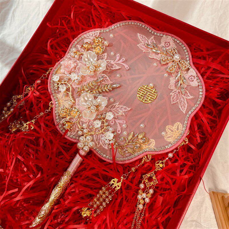 中式婚礼新娘喜扇粉色秀禾服团扇结婚出嫁扇子diy材料包古典拍照