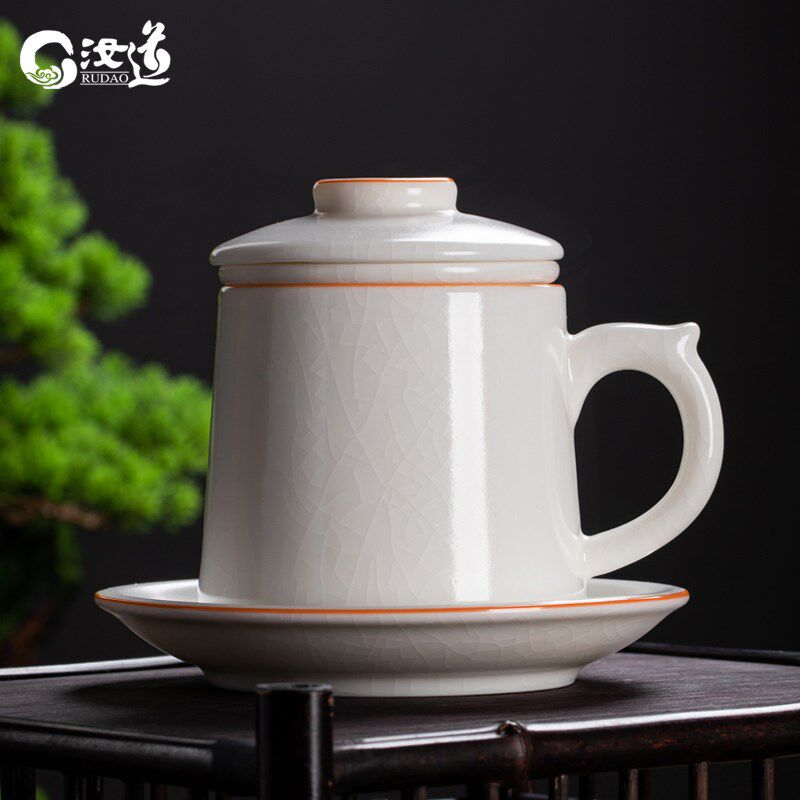白瓷办公杯汝窑过滤大泡茶杯月白汝道汝瓷冰裂茶水分离个人杯礼品