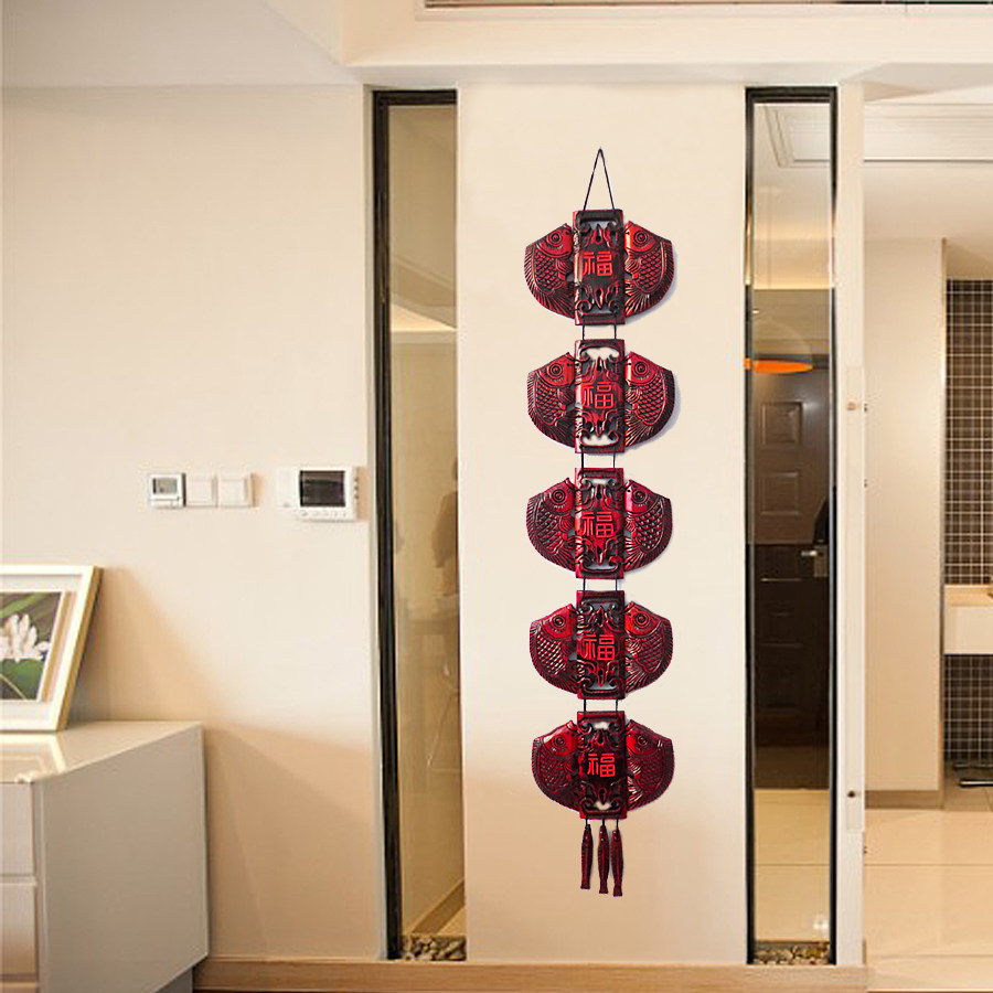 墙壁鱼挂件中式客厅墙面玄关电视背景墙上装饰品壁饰五福临门墙饰