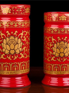 佛堂供具香桶真金黄陶瓷莲花花瓶供瓶线香竹签香香桶香筒8寸