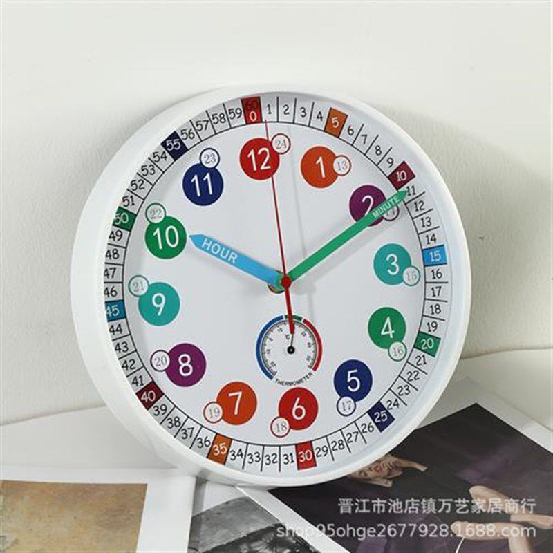 挂钟10寸白框彩面带温度计客厅卧室儿童学习挂墙早教时钟卡通钟表