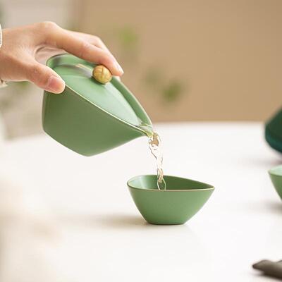 Ceramic Travel Tea Set, Green 1 Teapot, 2 Tea Cups