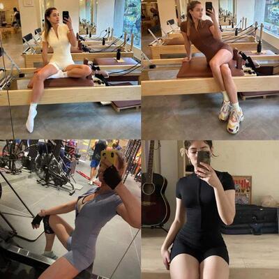 Zipper Dance Gym Jumpsuit Short Sleeve Playsuit Women Romper