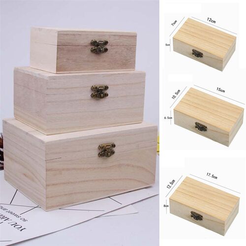 S/M/L Wooden Storage Box Plain Wood With Lid Multifunction S