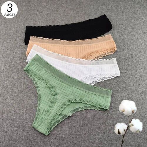 3pcs Ruffles Lace Low Waist Ribbed Cotton Thong Solid Color