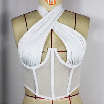 Cross Halter Corset Bustier Mesh Bone Tank Tops Women小背心