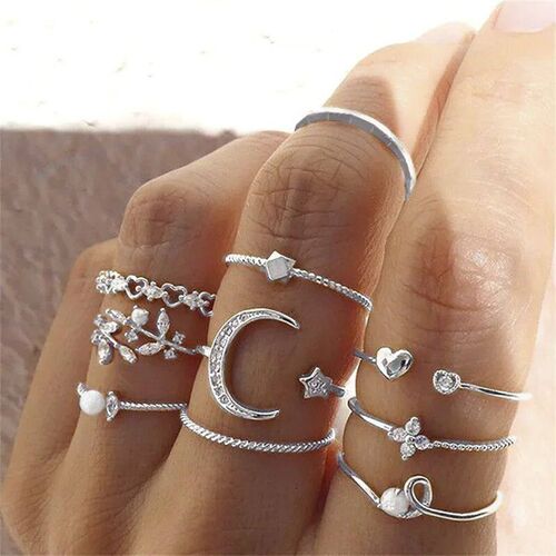 Silver Color Crystal Rings Set for Women, Cubic Zirconia Moo