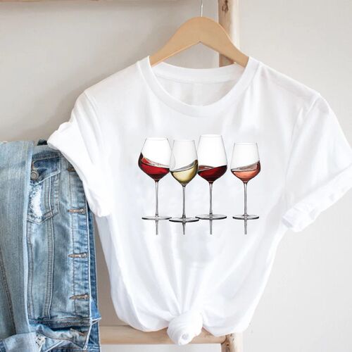 Women Printing Clothing Wine Lady Short Sleeve Casual 90s