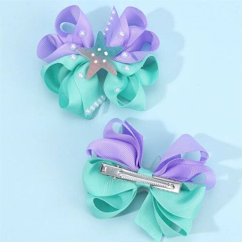 2Pcs Starfish Bow Hair Clips For Girls Sweet Ribbon Patchwor