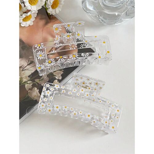 2/6Pcs Clear Floral Prints Hair Claw Clips for Women,3.4 Inc