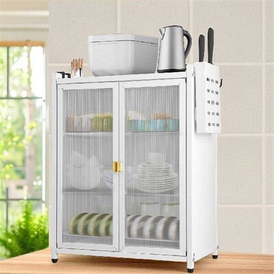 Metal Countertop Cabinet Dual Striped Glass Doors