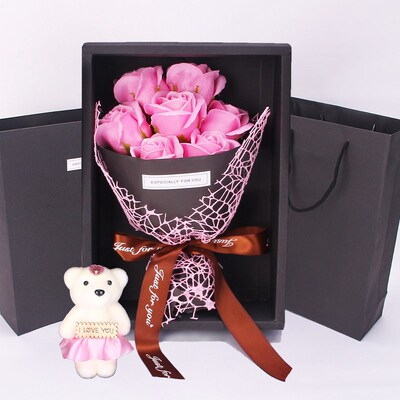 Simulated Flower 7 Roses Soap Bouquet Gift Box Bear Flower C