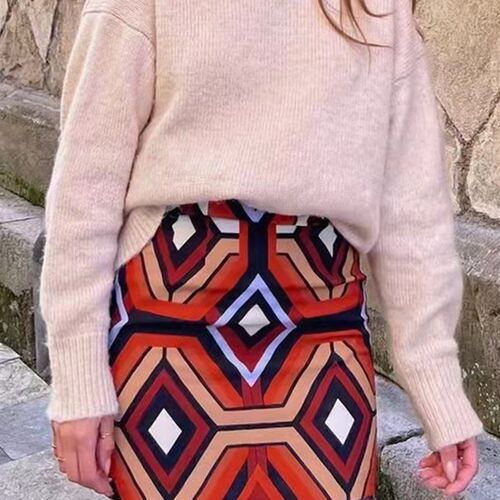 PUWD Vintage Women Geometric Diamond Print High Waist Skirt