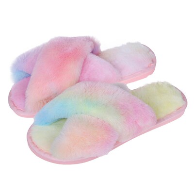 Women Warm Fluffy Slippers Cozy Faux Fur Cross Indoor Slides