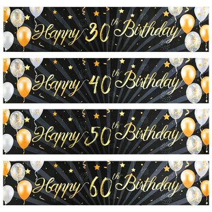 Black Gold Happy Birthday Banner Balloon Flag Adult 30th 40t