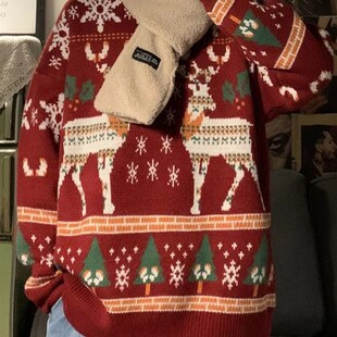 Neck Men Christmas Oversized Top Sweater Knitted Ugly Deer