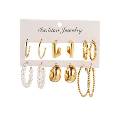 earrings women 金属耳圈复古耳饰赫本风耳环套装6件套earring