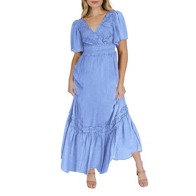 Womens V Neck Formal Lace V Neck Maxi Dress Ruffle Fringe