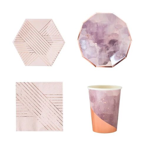 1Set Pink Paper Disposable Tableware Gilding Striped Table D