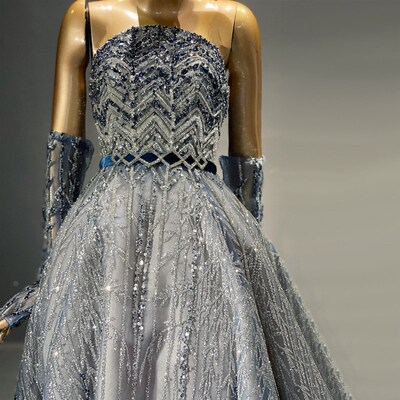 Sharon Said Glitter Blue Beaded Dubai Evening Dresses Luxury