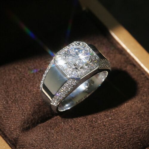 Silver Color Men AAA Crystal Zircon Stone Wedding Ring Brill