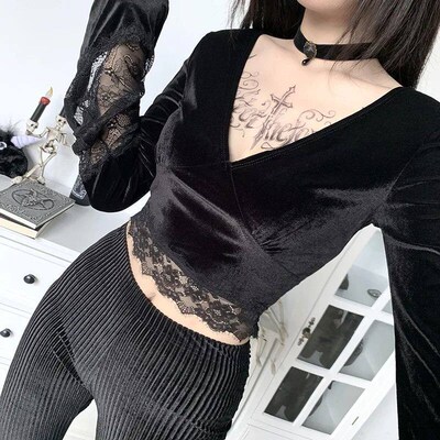 Women Gothic Black Crop Tops Solid Lace V-Neck Cropped Blous