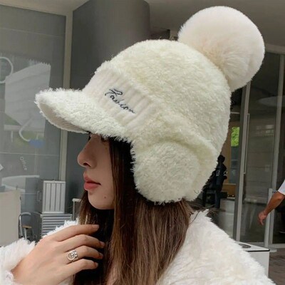 Ladies Winter Lambswool Peaked Cap with Earflaps Warm Baseba