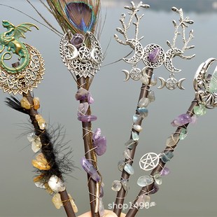 18厘米长紫水晶月亮维京龙羽毛手工权杖仙女棒天然水晶碎石女巫