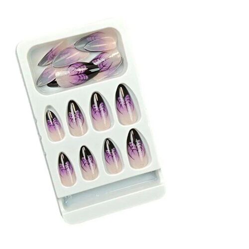 24pcs Halloween Spider Web Purple Almonds Fake Nails Press o