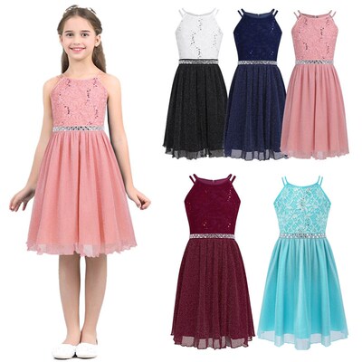 6-14 Years Kids Girls Sleeveless Sequined Floral Lace Shiny