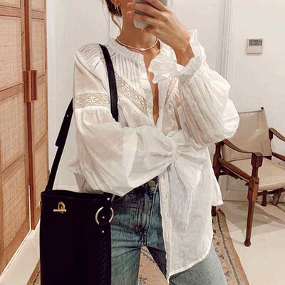 Boho Inspired Semi sheer white blouse for women Frilled neck